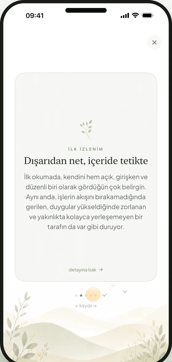 Anthea'nın analiz ekranı: cevaplarınızdan yazılmış kişisel bir okuma